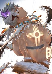 1boy absurdres animal_ears ass asymmetrical_horns back bara bare_pectorals bodypaint cow_boy cow_ears cow_horns dark-skinned_male dark_skin facial_hair feather_necklace fiery_horns forked_eyebrows glowing_horns goatee highres horns large_pectorals loincloth looking_at_viewer looking_back male_focus mismatched_horns muscular muscular_male natsuki_atsushi_(rabbitificate) necklace nipples pectorals short_hair sideburns sidepec solo thick_eyebrows tokyo_houkago_summoners tribal wakan_tanka wakan_tanka_mugen