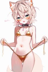 1girl @_@ absurdres alternate_costume animal_ear_fluff animal_ears bikini blonde_hair blush breasts collar dog_ears dog_girl dog_tail gold_bikini green_eyes highres hololive hololive_english meiwowowo mococo_abyssgard navel open_mouth simple_background small_breasts solo spiked_collar spikes swimsuit tail virtual_youtuber white_background
