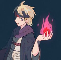 1boy absurdres blonde_hair fire highres male_focus morty_(academy)_(pokemon) morty_(pokemon) nintendo official_alternate_costume pink_fire pokemon pokemon_masters_ex purple_eyes purple_scarf pyrokinesis scarf solo uzrtws wide_sleeves will-o&#039;-the-wisp_(mythology)