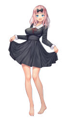 Rule 34 | 1girl, :d, absurdres, bare legs, barefoot, black bow, blue eyes, blunt bangs, blush, bow, breasts, chinese commentary, collarbone, commentary request, covered erect nipples, dress, fujiwara chika, full body, hair bow, highres, impossible clothes, impossible dress, kaguya-sama wa kokurasetai ~tensai-tachi no renai zunousen~, kneehighs, large breasts, large variant set, long hair, long sleeves, looking at viewer, open mouth, pink hair, red ribbon, ribbon, school uniform, shoes, shuuchiin academy school uniform, skirt hold, sleeve cuffs, smile, socks, solo, standing, variant set, white background, xiaoxi0619