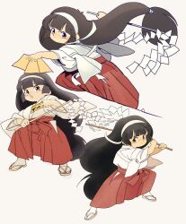 1girl :o black_hair blunt_bangs blush commentary_request edoya_inuhachi fighting_stance gohei grey_background hairband hakama hakama_skirt holding holding_gohei holding_ofuda japanese_clothes kiki_kaikai kiki_kaikai_(series) kimono legs_apart long_hair low-tied_long_hair miko multiple_views ofuda open_mouth red_hakama sandals sayo_(kiki_kaikai) serious simple_background skirt standing tabi v-shaped_eyebrows very_long_hair white_hairband white_kimono yellow_eyes zouri
