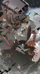 1girl abstract_background absurdres blue_eyes bracelet brown_hair brown_headwear brown_skirt chinese_commentary commentary_request earrings fingernails fors_wall hand_on_own_head hand_up highres huixingweiqi jewelry lips looking_at_viewer lord_of_the_mysteries orange_shawl parted_lips shawl shirt single_earring skirt solo suitcase white_shirt wind