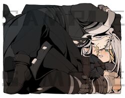 Rule 34 | 2boys, aqua eyes, armor, armored gloves, baggy pants, bandaged arm, bandages, belt, black coat, black gloves, black pants, blonde hair, boots, border, brown belt, brown boots, chest strap, clenched teeth, closed mouth, cloud strife, coat, final fantasy, final fantasy vii, final fantasy vii remake, full body, furrowed brow, gloves, grey hair, hair between eyes, highres, long coat, long hair, looking at viewer, male focus, multiple boys, pants, pauldrons, sample watermark, sephiroth, short hair, shoulder armor, single pauldron, sleeveless, sleeveless turtleneck, stuck in a box, suspenders, sweatdrop, teeth, tongueeeeeee, turtleneck, watermark, white border, yaoi