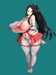 1girl areola_slip arms_behind_back black_hair borrowed_character breast_curtains breasts bridal_gauntlets cleft_of_venus clothes_lift covered_erect_nipples curvy elbow_gloves fat_mons full_body gigantic_breasts gloves groin hair_ornament highres hip_vent huge_areolae huge_nipples japanese_clothes kawahagitei loincloth loincloth_lift long_hair miko nipple_slip nipples no_panties nontraditional_miko original ponytail puffy_areolae puffy_nipples purple_eyes pussy revealing_clothes ribbon-trimmed_gloves ribbon-trimmed_legwear ribbon_trim sideboob solo standing thighhighs thighs underboob very_long_hair wide_hips