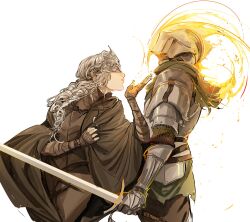 1girl 1other 6cheetah ambiguous_gender armor ashen_one_(dark_souls) bandaged_arm bandages black_cape black_pants blowing_kiss brown_dress cape covered_eyes dark_souls_(series) dark_souls_iii dress fire fire_keeper full_armor gauntlets green_scarf grey_hair helmet highres holding holding_sword holding_weapon long_hair pants scarf simple_background sword torn_clothes torn_scarf weapon white_background