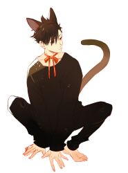 1boy :c all_fours animal_ears barefoot bell black_eyes black_hair black_pants black_sweater cat_boy cat_ears cat_tail chanoo_artz closed_mouth collarbone commentary_request fingernails full_body haikyuu!! hair_between_eyes hair_over_one_eye highres kuroo_tetsurou looking_to_the_side male_focus neck_bell neck_ribbon pants red_ribbon ribbon short_hair simple_background solo sweater tail toes white_background