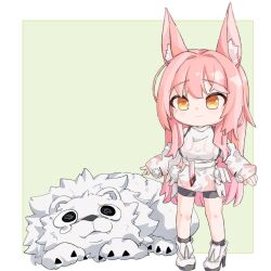 1girl animal animal_ear_fluff animal_ears bike_shorts black_shorts chibi closed_mouth detached_sleeves emongo goddess_of_victory:_nikke hair_intakes leona_(nikke) light_blush lion long_hair pink_hair shirt shorts sideless_shirt sidelocks smile timi_(nikke) turtleneck turtleneck_shirt white_shirt yellow_eyes