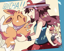 1boy 1girl :d anidler91 black_undershirt blue_shirt brown_eyes brown_hair creatures_(company) eevee game_freak gen_1_pokemon hat highres holding holding_pokemon leaf_(pokemon) long_hair nintendo open_mouth pikachu pokemon pokemon_(creature) pokemon_frlg porkpie_hat red_(pokemon) red_skirt shirt skirt smile white_hat