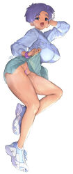 1girl arm_up blue_shirt blush breast_pocket breasts buttons clothes_lift collared_shirt dark-skinned_female dark_skin fang forehead green_eyes hand_on_own_face impossible_clothes impossible_shirt large_breasts legs light_blush mamorunokoto open_mouth original panties pocket purple_hair scrunchie shirt shoes short_hair signature simple_background skirt skirt_lift sneakers teeth thighs tongue underwear white_background
