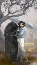 1girl absurdres bare_tree black_hair blue_shirt copyright_name copyright_notice earrings full_body grass graveyard green_eyes grey_sky grey_umbrella hair_ornament hand_up highres holding holding_umbrella jewelry logo long_hair long_skirt long_sleeves looking_at_viewer moldir_(reverse:1999) official_art official_wallpaper outdoors overcast parted_lips photo_(object) reverse:1999 sandals shirt side_slit skirt sky solo standing tombstone tree umbrella white_skirt
