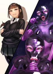 Rule 34 | 1boy, 1girl, absurdres, blonde hair, blush, bodysuit, breasts, brown eyes, brown hair, elbow gloves, fellatio, gimp mask, gloves, hetero, highres, kilye kairi, latex, latex bodysuit, long hair, looking at viewer, mask, medium breasts, mole, mole under eye, multiple views, oral, original, purple gloves, skin tight