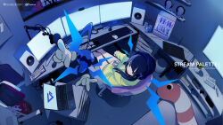 1girl computer_keyboard fami_(yellow_skies) from_above from_behind headphones highres indoors looking_at_viewer looking_back monitor sitting speaker