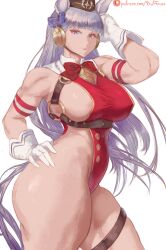 1girl absurdres animal_ears armband blunt_bangs bow bowtie brown_hat cowboy_shot duffmox ear_bow ear_ribbon garter_belt gloves gold_ship_(umamusume) grey_hair hand_in_own_hair hand_on_own_hip hat highres horse_ears horse_girl horse_tail leotard long_hair looking_to_the_side muscular muscular_female o-ring parted_lips patreon_logo patreon_username pillbox_hat pink_eyes purple_bow red_bow red_bowtie solo tail thick_thighs thighs umamusume white_background white_gloves