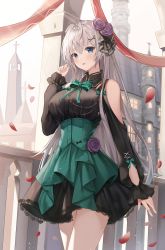 1girl absurdres ahoge arch arm_at_side bare_shoulders beads bell_tower black_bow black_dress blue_eyes blush bow bowtie breasts building chain clothing_cutout collared_dress commentary cowboy_shot cross cross-laced_clothes cross-laced_sleeves day dress flower frilled_sleeves frills from_side green_bow green_bowtie hair_flower hair_ornament hairclip hand_up highres lace lace-trimmed_dress lace_trim large_breasts light_particles long_hair long_sleeves looking_at_viewer original parted_lips petals purple_flower purple_rose railing ribbon rose short_dress shoulder_cutout shuvi_(shuvi1125) silver_hair sleeves_past_wrists solo standing steeple straight_hair tower underbust very_long_hair walking x_hair_ornament