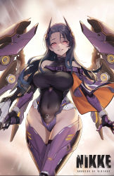 1girl absurdres armor armored_boots armored_gloves bare_shoulders black_hair black_leotard boots breasts capelet commentary covered_navel dramz elbow_gloves english_commentary gloves goddess_of_victory:_nikke groin gun hair_between_eyes headgear highres holding holding_gun holding_weapon isabel_(nikke) large_breasts leotard logo long_hair looking_at_viewer mecha_musume mechanical_wings parted_bangs parted_lips purple_capelet purple_gloves red_eyes shotgun sidelocks skindentation smile solo taut_leotard weapon wings
