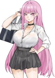 1girl absurdres alternate_costume black_bra black_skirt bra bra_peek bra_visible_through_clothes bralines breasts cleavage gyaru highres hololive hololive_english large_breasts long_hair looking_at_viewer mori_calliope partially_unbuttoned pink_eyes pink_hair red_eyes school_uniform see-through_clothes see-through_shirt shirt shirt_tucked_in simple_background skirt solo unbuttoned unbuttoned_shirt underwear virtual_youtuber walkerdoggo white_shirt