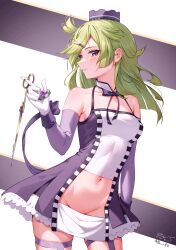 Rule 34 | 1girl, 2 ru, absurdres, aki mabayu, convenient censoring, cropped legs, detached collar, detached sleeves, gloves, green hair, highres, kishimen hair, looking at viewer, magia record: mahou shoujo madoka magica gaiden, magical girl, mahou shoujo madoka magica, miniskirt, navel, no panties, purple eyes, skirt, solo, white gloves