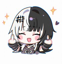 1girl black_arm_warmers black_hair blush_stickers censored closed_eyes double_middle_finger dress grey_dress heart hololive hololive_english maru_ccy middle_finger mosaic_censoring multicolored_hair open_mouth ribbon shiori_novella shiori_novella_(1st_costume) simple_background solo sparkle split-color_hair striped_arm_warmers two-tone_hair virtual_youtuber white_background white_hair white_ribbon