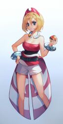 1girl aqua_eyes blonde_hair bracelet breasts cleavage closed_mouth collar commentary_request eyelashes gradient_background hair_between_eyes hairband hand_on_own_hip hand_up highres hisuian_poke_ball holding holding_poke_ball irida_(pokemon) jewelry kkomommo medium_breasts nintendo poke_ball pokemon pokemon_legends:_arceus sash shirt short_hair shorts solo strapless strapless_shirt waist_cape