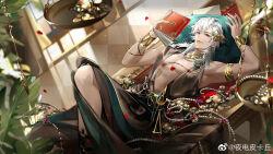 1boy abs alternate_costume armpits balance_scale bare_pectorals bare_shoulders book bracelet character_request check_character checkered_floor closed_mouth coin day dining_room earrings eyelashes foot_out_of_frame gold_armlet gold_bracelet gold_coin gold_necklace greco-roman_clothes hair_between_eyes highres holding holding_book indoors jewelry knee_up knees laurel_crown levy_(path_to_nowhere) light_particles lips long_hair lying male_focus necklace on_back on_table palm_leaf path_to_nowhere pectorals petals pillow red_eyes rose_petals smile solo stomach table thick_eyebrows toga toned toned_male watermark weibo_watermark weighing_scale white_hair window ye_dian_pikaqiu