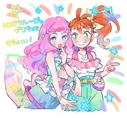 2girls aqua_eyes bow green_eyes hair_bow hayashi_(kanzume) highres jewelry laura_la_mer locked_arms long_hair looking_at_another looking_at_viewer mermaid monster_girl multiple_girls natsuumi_manatsu necklace orange_hair pink_hair precure shirt short_bangs shorts side_ponytail simple_background smile teeth tropical-rouge!_precure v wavy_hair white_background white_shirt