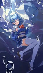 1girl air_bubble arm_behind_back armpits back_bow black_sandals blue_bow blue_eyes blue_hair blue_shirt blue_skirt blue_sleeves bow bowtie bubble cape chun_sam collared_cape colored_eyelashes commentary corset detached_sleeves floating_cape floating_clothes floating_hair fortissimo full_body gloves hair_between_eyes hair_ornament hairclip high_collar highres light_particles long_sleeves magical_girl mahou_shoujo_madoka_magica mahou_shoujo_madoka_magica_(anime) miki_sayaka miniskirt musical_note musical_note_hair_ornament pleated_skirt red_bow red_bowtie sandals shirt short_hair skirt sleeveless sleeveless_shirt solo symbol-only_commentary tabi thighhighs underwater white_cape white_corset white_gloves white_thighhighs zouri
