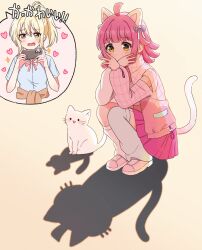2girls :3 :d ahoge animal_ears asymmetrical_legwear blue_shirt blunt_bangs blunt_sidelocks blush brown_cardigan cardigan cardigan_around_waist cat cat_ears cat_shadow_puppet_(meme) cellphone clothes_around_waist collared_shirt commentary_request fake_animal_ears fake_tail full_body grey_leg_warmers hanpen_(love_live!) heart highres holding holding_phone jacket kishimen_hair leg_warmers long_sleeves looking_down love_live! love_live!_nijigasaki_high_school_idol_club meme miniskirt miyashita_ai multiple_girls neck_ribbon nijigasaki_school_uniform official_alternate_costume open_clothes open_jacket open_mouth phone pink_jacket pink_ribbon pink_shoes pink_skirt pleated_skirt ribbon school_uniform shadow shirt shoes short_sleeves sidelocks skirt slav_squatting smartphone smile speech_bubble spoken_character squatting summer_uniform tail taking_picture tennoji_rina uneven_legwear watashi_wa_magnet white_cat white_leg_warmers yellow_eyes yoon_(yoon_lovelive)