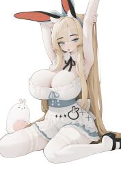 1girl animal animal_ear_fluff animal_ears apron armpits arms_up black_ribbon black_shoes blonde_hair blue_bow blue_eyes blue_hairband blue_skirt blush bow bow_hairband breasts cleavage detached_collar frilled_apron frilled_skirt frills hairband high-waist_skirt high_heels highres holding_own_arm huge_breasts long_hair looking_at_viewer mary_janes mole mole_on_breast mole_under_eye neck_ribbon open_mouth original pantyhose parted_hair rabbit rabbit_(wlsdnjs950) rabbit_ears rabbit_girl rabii ribbon shirt shoes simple_background sitting skirt sleeveless sleeveless_shirt solo stretching very_long_hair waist_apron wariza white_apron white_background white_pantyhose white_shirt