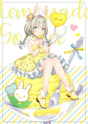 1girl animal_ear_fluff animal_ears ankle_socks balloon bare_shoulders blue_eyes blue_ribbon blush braid breasts brown_hair brown_hat collarbone cup diagonal_stripes dress female_focus food full_body green_eyes hair_ribbon hat heart high_heels holding holding_balloon holding_food ice_cream ice_cream_cone in_food long_hair looking_at_viewer low_twintails mini_person minigirl multicolored_eyes original plaid_clothes plaid_dress rabbit_ears ribbon shoes sitting sleeveless sleeveless_dress small_breasts socks solo spoon striped sun_hat tilted_headwear twin_braids twintails wasabi_(sekai) white_dress white_socks yellow_shoes