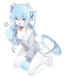 Rule 34 | 1girl, absurdres, animal ears, bikini, blue eyes, blue hair, bra, breasts, cat ears, cat tail, hair between eyes, highres, jacket, long hair, long sleeves, looking at viewer, meunhongcha, open clothes, open jacket, open mouth, original, simple background, solo, striped bikini, striped bra, striped clothes, swimsuit, tail, thighhighs, twintails, underwear, white background, white thighhighs