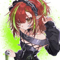 1girl arknights bandaid bandaid_on_cheek bandaid_on_face bare_shoulders black_bonnet black_choker black_dress blue_nails bonnet braid breasts brown_eyes choker commentary_request detached_sleeves dress earrings green_background green_hair highres holding_spray_can jewelry long_hair looking_at_viewer multicolored_hair necklace pointy_ears red_hair small_breasts solo streaked_hair tecno_(arknights) user_ejgn5754 white_background