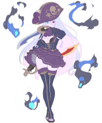 1girl albino_pirate_(enkyo_yuuichirou) bad_id bad_twitter_id bicorne black_bra black_gloves black_jacket blue_boots blue_eyes boots bra bra_peek breasts cleavage crossed_legs dot_nose dual_wielding enkyo_yuuichirou fighting_stance flower gloves hair_between_eyes hat hat_flower heterochromia highres holding jacket large_breasts layered_skirt long_hair long_sleeves looking_at_viewer magic miniskirt nail_polish original parted_lips pink_eyes pirate_hat purple_flower purple_rose purple_skirt reverse_grip rose scimitar simple_background skirt solo standing sword thigh_boots toeless_legwear toenail_polish toenails underwear very_long_hair watson_cross weapon white_background wind wind_lift