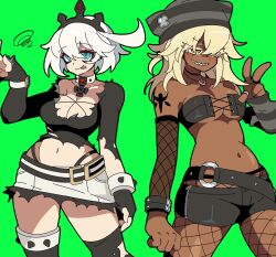 2girls ahoge arm_warmers black_crown black_hat black_shirt black_shorts blonde_hair breasts choker cowboy_shot crown dark-skinned_female dark_skin elphelt_valentine fishnet_pantyhose fishnet_sleeves fishnets green_background grin guilty_gear guilty_gear_strive hat jewelry kekeken medium_breasts medium_hair multiple_girls necklace pantyhose ramlethal_valentine shirt short_hair shorts simple_background single_arm_warmer smile torn_clothes torn_shirt white_hair yellow_eyes