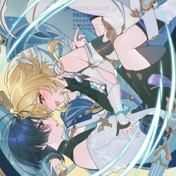 1boy 1girl absurdres amano_hotaru_(hotaama) arm_cutout belt black_belt black_bodysuit black_bow black_bridal_gauntlets black_corset black_gloves black_hair black_leggings black_shorts blonde_hair blue_cape blue_gemstone blue_hat blue_sleeves blue_trim blunt_ends blush bodysuit bow breasts bridal_gauntlets cape catching cleavage corset detached_sleeves dress eye_contact eyelashes eyeliner eyeshadow falling feather_hair_ornament feathers fingernails forehead-to-forehead furisode gem genshin_impact gloves gold gold_ring gold_trim hair_ornament hakama hakama_shorts hat heads_together hetero highres japanese_clothes jingasa kimono layered_sleeves leg_warmers leggings lipgloss looking_at_another lumine_(genshin_impact) makeup mandarin_collar medium_breasts middle_ring off_shoulder open_clothes open_hand open_kimono open_mouth partially_fingerless_gloves pink_lips pleated_shorts purple_eyes purple_rope red_eyeliner red_eyeshadow rope scaramouche_(genshin_impact) scarf short_hair short_hair_with_long_locks short_sleeves shorts sideboob sidelocks sideways_mouth sweatdrop tassel teeth tongue tsurime twitter_username upper_teeth_only vambraces vision_(genshin_impact) wanderer_(genshin_impact) watermark white_dress white_feathers white_kimono white_leg_warmers white_scarf white_sleeves wind yellow_eyes