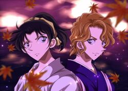 2girls black_hair blue_kimono blurry brown_hair closed_mouth depth_of_field ear_piercing eye_contact falling_leaves green_eyes hair_ribbon high_ponytail japanese_clothes kimono leaf light_particles looking_at_another maple_leaf meitantei_conan multiple_girls oooka_momiji piercing ponytail portrait ribbon s_n_sb_4869 short_hair tooyama_kazuha v-shaped_eyebrows wavy_hair white_kimono yellow_ribbon