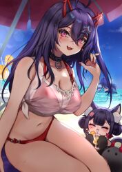 4girls absurdres ahoge akuma_nihmune alternate_costume animal_ears beach beach_umbrella bikini black_choker blush breasts cat_ears chibi choker cleavage cup double_bun drinking drinking_straw dual_persona facial_mark fangs fingernails food fruit glass hair_bun hand_up heart heart_facial_mark highres holding holding_cup indie_virtual_youtuber large_breasts lime_(fruit) lime_slice long_hair multiple_girls navel noomba_(akuma_nihmune) official_alternate_costume open_mouth pink_eyes purple_hair rabio_(labi555) red_bikini red_nails shirt shylily shylily_(bikini) swimsuit table umbrella wet wet_clothes wet_shirt white_shirt