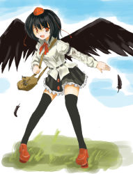 Rule 34 | 1girl, absurdres, bad id, bad pixiv id, bag, black hair, black wings, female focus, geta, hat, highres, hokamichi, looking at viewer, open mouth, red eyes, shameimaru aya, short hair, solo, taji (crowview), tengu-geta, thighhighs, touhou, wings, zettai ryouiki