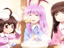 3girls :d :t ^_^ ahoge animal_ears arm_up black_hair blue_pajamas blush bowl breasts chopsticks closed_eyes commentary_request daikon food fur-trimmed_sleeves fur_trim holding holding_bowl holding_chopsticks houraisan_kaguya inaba_tewi indoors jacket long_hair long_sleeves medium_breasts multiple_girls oden open_mouth pajamas pink_jacket pink_shirt polka_dot purple_hair rabbit_ears radish red_eyes reisen_udongein_inaba revision rice_bowl shirosato shirt short_hair smile steam table touhou unmoving_pattern upper_body