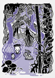 2boys animal animal_on_head bird bird_on_head black_shorts border commentary creature foliage highres leaf lizard multiple_boys nature on_head original outdoors plant plant_roots purple_theme shorts smile solid_circle_eyes spot_color standing stream symbol-only_commentary takitasaki vines water wetland white_border