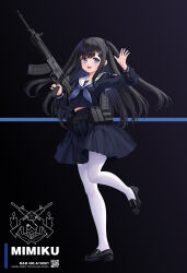 1girl :d absurdres allenes arm_up black_background black_hair black_serafuku black_shirt black_shoes black_skirt blue_eyes blue_neckerchief commentary_request full_body gun hair_ornament hairclip highres holding holding_gun holding_weapon loafers long_hair long_sleeves looking_at_viewer neckerchief open_mouth original pantyhose pleated_skirt puffy_long_sleeves puffy_sleeves qr_code sailor_collar school_uniform serafuku shirt shoes skirt smile solo standing standing_on_one_leg two_side_up very_long_hair weapon weapon_request white_pantyhose white_sailor_collar