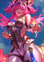 1girl armor bare_shoulders black_bow bodysuit bow breastplate breasts clawing closed_mouth collar from_below hair_bow hairband hashtag-only_commentary highres indah_siregar large_breasts long_hair lupa_(wuthering_waves) metal_collar metal_hairband multiple_hair_bows open_mouth pink_hair solo tacet_mark_(wuthering_waves) thigh_strap twintails white_bodysuit wrist_guards wuthering_waves