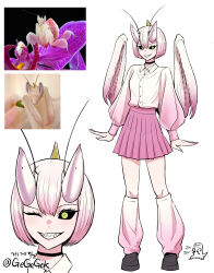 1girl absurdres antennae arthropod_girl arthropod_limbs artist_name black_choker black_sclera bug choker claws collared_shirt colored_sclera colored_skin creature_and_personification eyelashes full_body gegegekman highres horns leg_warmers lizard looking_at_viewer mantis_girl multiple_views one_eye_closed original personification photo_inset pink_hair pink_shirt pink_skin pink_skirt pleated_skirt praying_mantis sharp_teeth shirt simple_background skirt slit_pupils smile standing teeth twitter_username white_background yellow_eyes