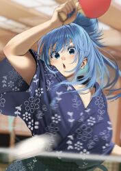 Rule 34 | 1girl, :o, aqua (konosuba), ball, blue eyes, blue hair, blue kimono, breasts, hair bun, highres, holding table tennis paddle, izawa (bhive003), japanese clothes, kimono, kono subarashii sekai ni shukufuku wo!, long hair, looking at viewer, open mouth, single hair bun, solo, table tennis, table tennis ball, table tennis net
