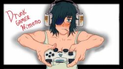 alcohol artist_request beer beer_can beer_hat blush can chainsaw_man character_name cigarette collarbone controller drink_can drunk eyepatch game_controller highres himeno_(chainsaw_man) non-web_source playing_games playstation_controller short_hair simple_background smile tagme tank_top white_background