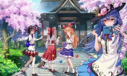 4girls allmyheaven apron black_hat blue_hair blue_skirt blush bow bowtie breasts broom brown_hair brown_horns building cellphone chain cherry_blossoms chinese_commentary chinese_text closed_mouth commentary_request cone_horns detached_sleeves dress falling_petals flower food frilled_bow frilled_skirt frills fruit fumo_(doll) hair_bow hakurei_reimu hakurei_shrine hat hat_ornament highres hinanawi_tenshi holding holding_broom holding_phone horn_bow horn_ornament horns ibuki_suika kijin_seija leaf leaf_hat_ornament long_hair multicolored_dress multicolored_hair multiple_girls oni orange_eyes orange_hair outdoors peach peach_hat_ornament petals phone pink_flower pink_petals pointing puffy_short_sleeves puffy_sleeves rainbow_order red_bow red_bowtie red_eyes red_hair red_shoes red_skirt ribbon-trimmed_skirt ribbon-trimmed_sleeves ribbon_trim sandals second-party_source shirt shoes short_sleeves skirt skirt_set smartphone smile socks streaked_hair touhou translation_request tree very_long_hair waist_apron white_apron white_hair white_shirt white_socks wrist_cuffs yellow_flower