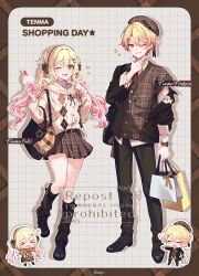 &gt;_&lt; 1boy 1girl ;d absurdres argyle_cardigan argyle_clothes bag black_jacket black_pants black_ribbon black_shoes blonde_hair blush border bow brother_and_sister brown_border brown_bow brown_cardigan brown_hat brown_scarf brown_skirt brown_socks cardigan character_name chibi chibi_inset closed_eyes commentary_request cross-laced_shoes cup disposable_cup drop_shadow full_body grey_background grid_background grin hair_bow hair_ornament hand_up hat hat_ornament heart highres holding holding_bag holding_cup hood hood_down hooded_cardigan jacket kheng_(k_heng1223) kneehighs long_hair long_sleeves looking_at_viewer loose_socks neck_ribbon one_eye_closed open_clothes open_jacket open_mouth outline pants parted_bangs plaid_cardigan plaid_clothes plaid_hat plaid_scarf plaid_skirt pleated_skirt project_sekai red_eyes ribbed_socks ribbon scarf shoes shopping_bag short_hair shoulder_bag siblings signature skirt smile socks sparkle standing star_(symbol) star_hat_ornament tenma_saki tenma_tsukasa v watermark wavy_mouth white_outline x_hair_ornament