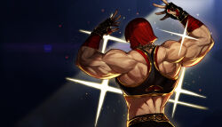 arms_up back biceps black_sports_bra chain chain_necklace fingerless_gloves flexing from_behind gloves gold_chain hand_wraps highres jason_kim jewelry marisa_(street_fighter) muscular muscular_female necklace red_hair short_hair sparkle sports_bra street_fighter street_fighter_6 upper_body