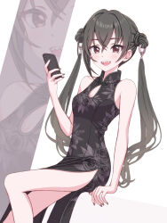 1girl bare_arms bare_legs black_dress blush breasts cellphone china_dress chinese_clothes cleavage cleavage_cutout clothing_cutout commentary detached_hair double_bun dress fingernails hair_bun haua highres holding holding_phone idolmaster idolmaster_cinderella_girls invisible_chair long_hair mole mole_under_eye nail_polish phone sharp_teeth sitting sleeveless sleeveless_dress small_breasts smile solo sunazuka_akira teeth twintails very_long_hair zoom_layer