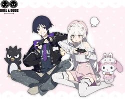 Rule 34 | 1boy, 1girl, :t, alternate costume, artist request, badtz-maru, beret, bird, black gloves, black hair, black jacket, black sleeves, black undershirt, blunt bangs, blunt ends, bow, cable knit, casual, cheek bulge, commission, commissioner insert, contemporary, controller, couple, cross-laced clothes, cross-laced sleeves, earrings, eyelashes, eyeliner, eyeshadow, fingerless gloves, fingernails, full body, game controller, gem, genshin impact, gloves, grey pants, grey socks, hands up, hat, hayami momo (hayamimomo), heart, heart earrings, hetero, highres, holding, holding controller, holding game controller, indian style, jacket, jewelry, lapels, long hair, long sleeves, looking at another, looking at viewer, makeup, mole, mole under eye, my melody, necktie, off-shoulder sweater, off shoulder, onegai my melody, open clothes, open jacket, open mouth, original, pants, pearl earrings, penguin, pink eyes, pink hat, pink skirt, puff of air, purple eyes, purple necktie, rabbit, red brooch, red eyeliner, red eyeshadow, red gemstone, sanrio, scaramouche (genshin impact), sitting, skirt, sleeve bow, smile, socks, star (symbol), star print, striped necktie, sweater, thighhighs, tsurime, v-shaped eyebrows, watermark, white bow, white hair, white mouth, white sleeves, white sweater, white thighhighs, white undershirt