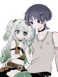 Rule 34 | 1boy, 1girl, 52601i, absurdres, alternate costume, alternate hairstyle, arm strap, belt, belt buckle, belt collar, black choker, black collar, black eyes, black hair, black pants, black shirt, black undershirt, blunt ends, breasts, brown belt, brown scrunchie, brown shirt, brown skirt, buckle, casual, chain, choker, cleavage, collar, collarbone, colored tips, contemporary, cropped shirt, cross-shaped pupils, diamond earrings, digital media player, ear piercing, earphones, earrings, eyelashes, eyeliner, eyeshadow, genshin impact, green eyes, green hair, green thighhighs, grey arm warmers, grey pupils, grey shirt, hair between eyes, hair intakes, hair ornament, hair scrunchie, hairclip, hand on another&#039;s hip, hetero, highres, holding, jewelry, lace, lace-trimmed shirt, lace trim, looking at another, makeup, midriff, multicolored hair, nahida (genshin impact), navel, necklace, one side up, open mouth, pants, piercing, red eyeliner, red eyeshadow, ring, ring necklace, scaramouche (genshin impact), scrunchie, shared earphones, shirt, sidelocks, sitting, sitting on lap, sitting on person, skirt, small breasts, symbol-shaped pupils, tareme, thighhighs, white background, white hair, wispy bangs, wristband